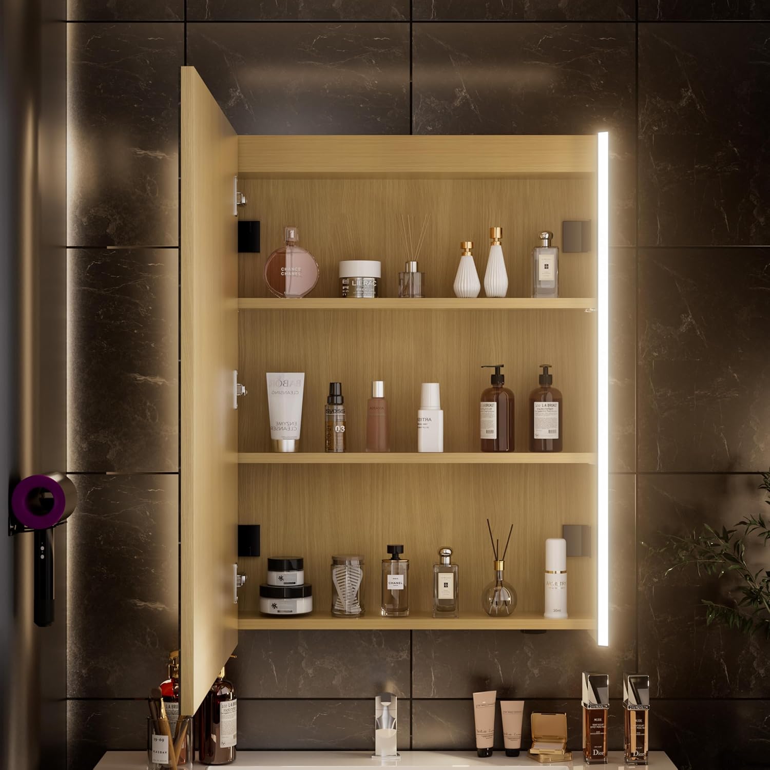 30 x 23-1/4 Inch LED Lighted Medicine Cabinet with Mirror, Moisture-Resistant Wood, Stepless Dimmable, 3000K/5500K, Adjustable Shelf, Flat-Pack Design – Assembly Required, Oak