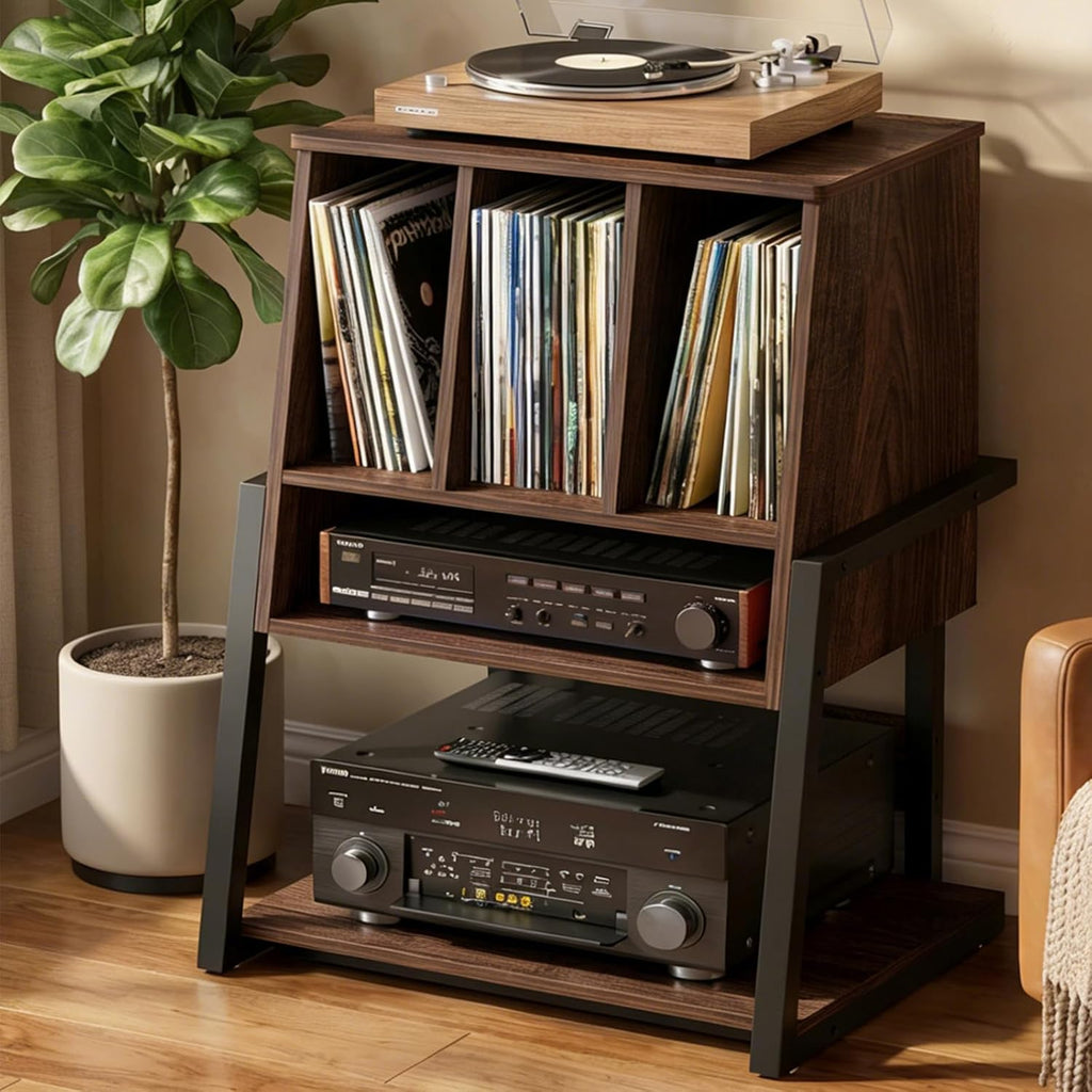 Homieasy Record Player Stand with Vinyl Storage Cabinet, 22" Record Player Table Up to 200 Albums, Large Wood Turntable Stand with Record Album Holder with Charging Station & LED Light, Espresso