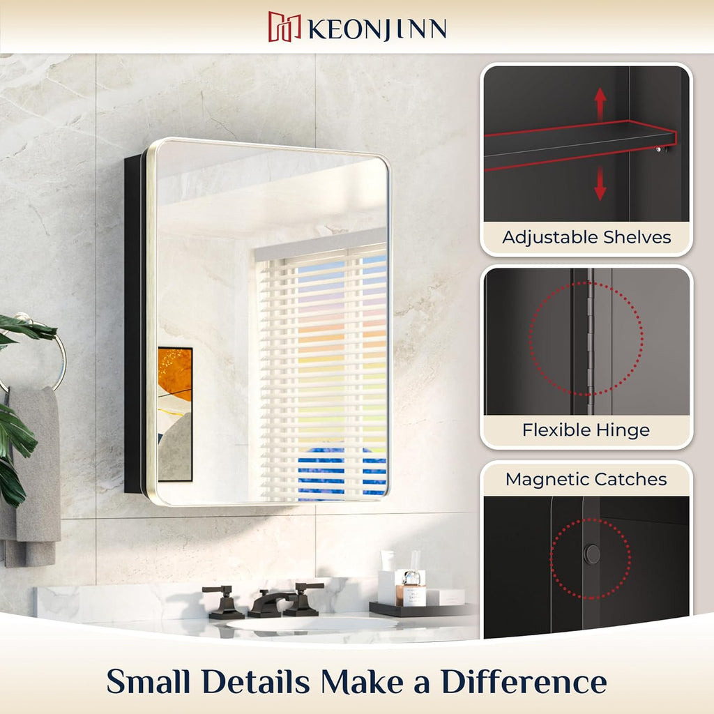 Keonjinn Brushed Nickel Medicine Cabinet for Bathroom, 16 x 24 Inch Medicine Cabinet with Mirror, Stainless Steel Framed, Stepless Adjustable Shelves, Recessed or Wall Mount, Sturdy, Rounded Rectangle