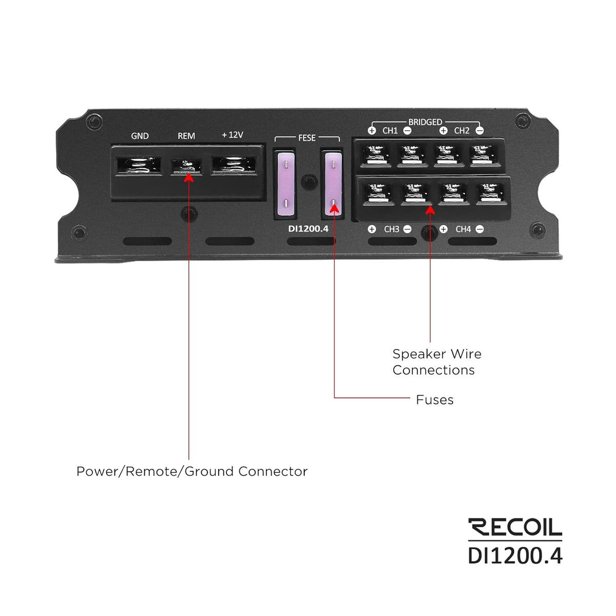 Recoil DI1200-4 Full-Range Class-D 4-Channel Car Audio Amplifier, 2,400 Watts, 2-4 Ohm Stable, MOSFET Power Supply, Bridgeable