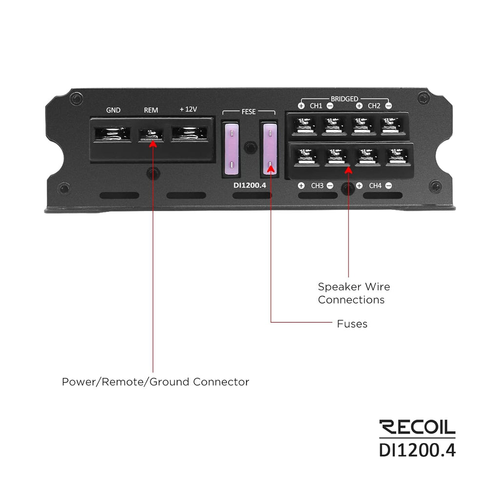 Recoil DI1200-4 Full-Range Class-D 4-Channel Car Audio Amplifier, 2,400 Watts, 2-4 Ohm Stable, MOSFET Power Supply, Bridgeable