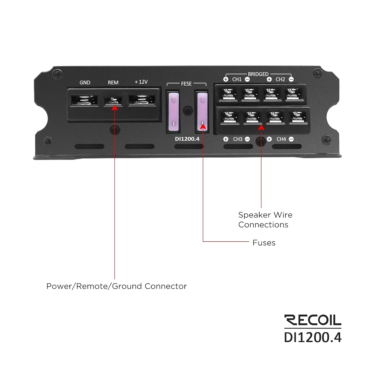 Recoil DI1200-4 Full-Range Class-D 4-Channel Car Audio Amplifier, 2,400 Watts, 2-4 Ohm Stable, MOSFET Power Supply, Bridgeable