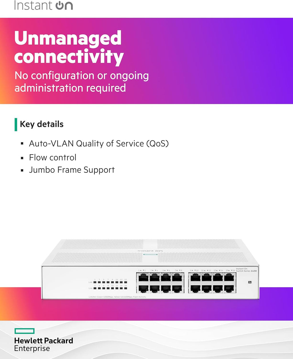 HPE Networking Instant On Switch Series 1430 16-Port Gb Unmanaged Layer 2 Ethernet Switch | 16x 1G | Fan-Less | US Cord (R8R47A#ABA)