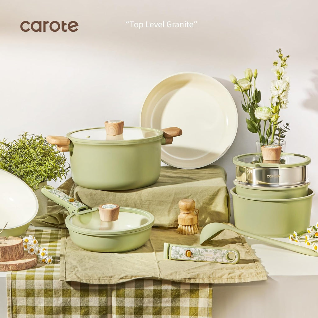 CAROTE 25-Piece Ceramic Cookware Set, Nonstick Pots and Pans Set with Detachable Handle, Non-Toxic Kitchen Cooking Set, Dishwasher & Oven Safe, Induction Compatible, PFAS Free