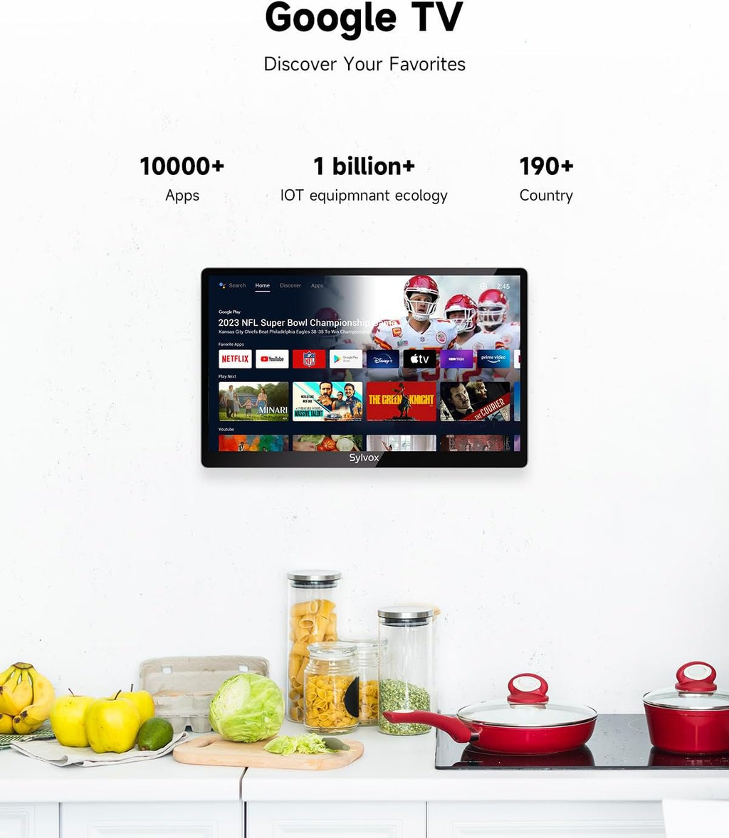SYLVOX 15.6" Kitchen TV, 1080P FHD Under Cabinet TV with App Store, Voice Assistant, Chromecast, 12-Volt for Small Spaces, Kitchen, Bedroom, RV - Fits Tight Cabinets