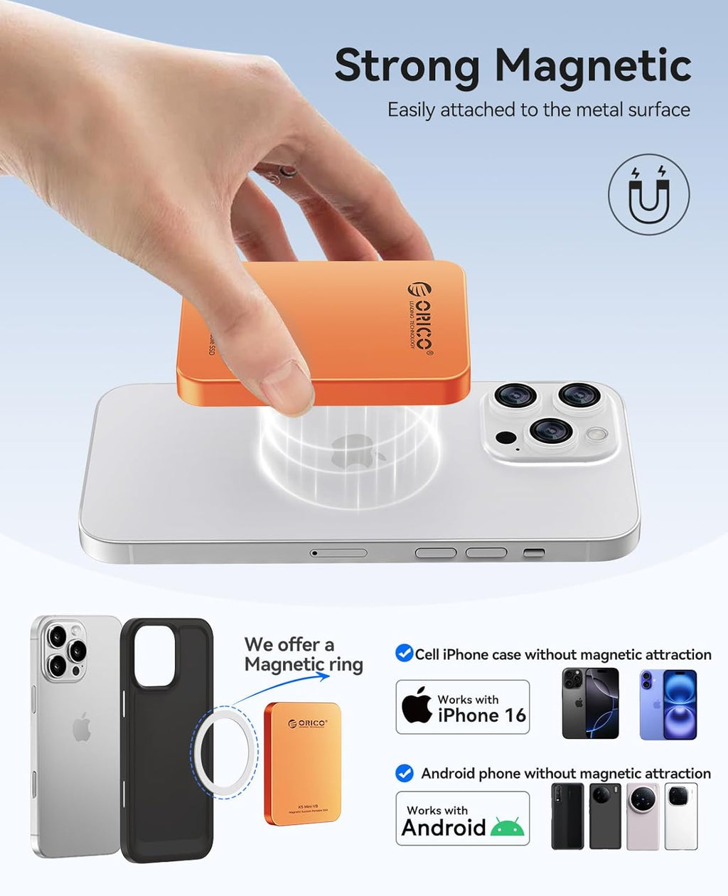 ORICO 1TB Magnetic External SSD, Aluminum Alloy, Up to 460MB/s, External Solid State Drive, Expand Storage for iPhone 17 Pro Max, Compatible w/MagSafe, USB-C Smartphones - K5MINI Orange