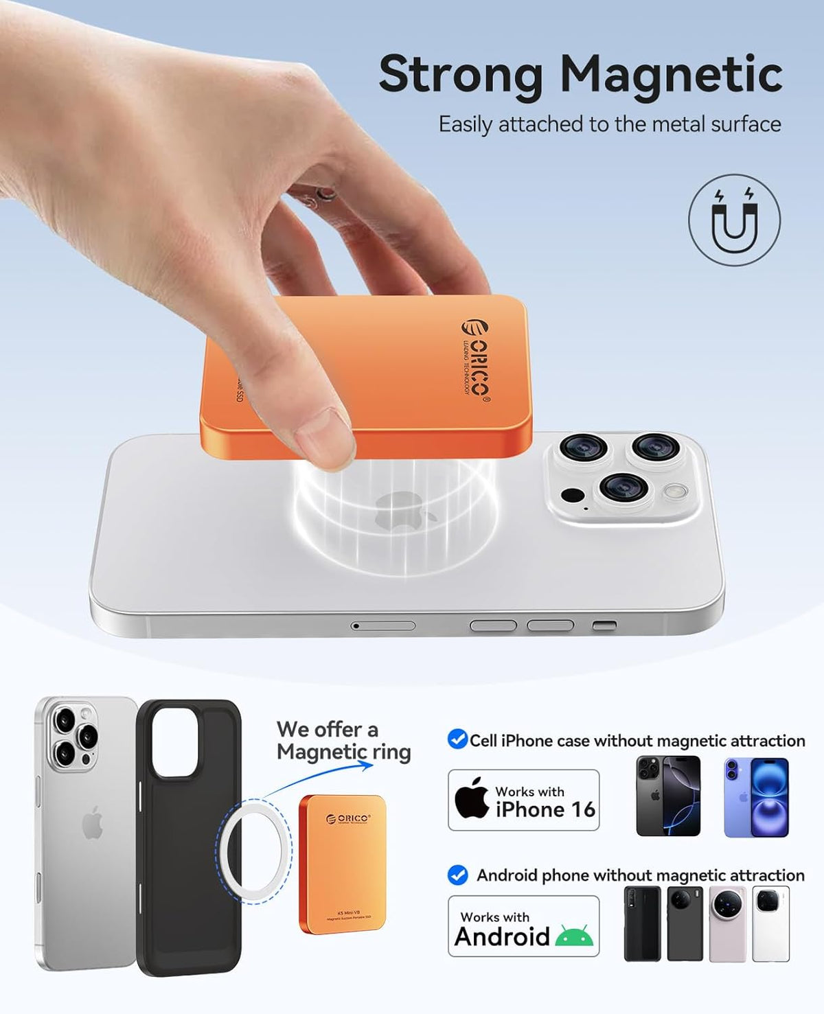 ORICO 1TB Magnetic External SSD, Aluminum Alloy, Up to 460MB/s, External Solid State Drive, Expand Storage for iPhone 17 Pro Max, Compatible w/MagSafe, USB-C Smartphones - K5MINI Orange