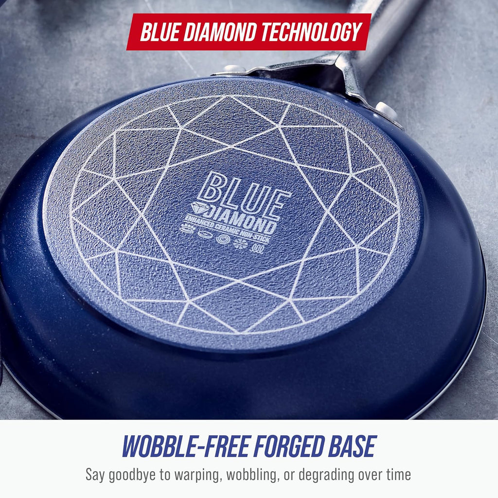 Blue Diamond 14 Piece Cookware Set, Diamond Infused PFAS & PFOA-Free Ceramic Nonstick Pots and Pans, Durable, Non Toxic, Metal Utensil Safe & Scratch Resistant, Dishwasher & Oven Safe, Blue
