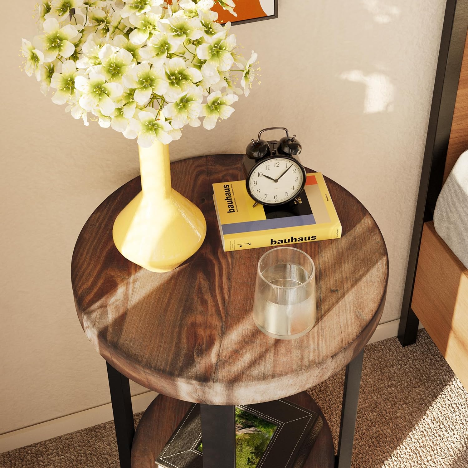 Alaterre Furniture Pomona Living Room Set of 2 Solid Wood Small Round End Tables with Shelf and Metal Legs – 2-Tier Modern Rustic Side Table or Nightstand (Rustic Brown)