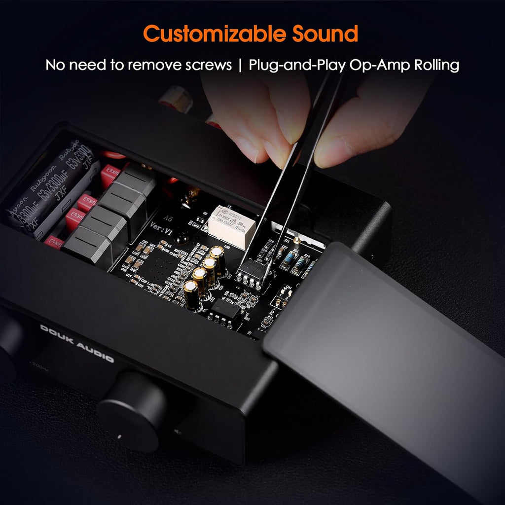 Douk Audio A5 2 Channel TPA3255 Stereo Amp, 300 Watts x2 Mini Hi-Fi Audio Power Amplifier Class D for Home Theater System, Passive Bookshelf Tower Speakers with High-Pass Filter + 48V Power Supply