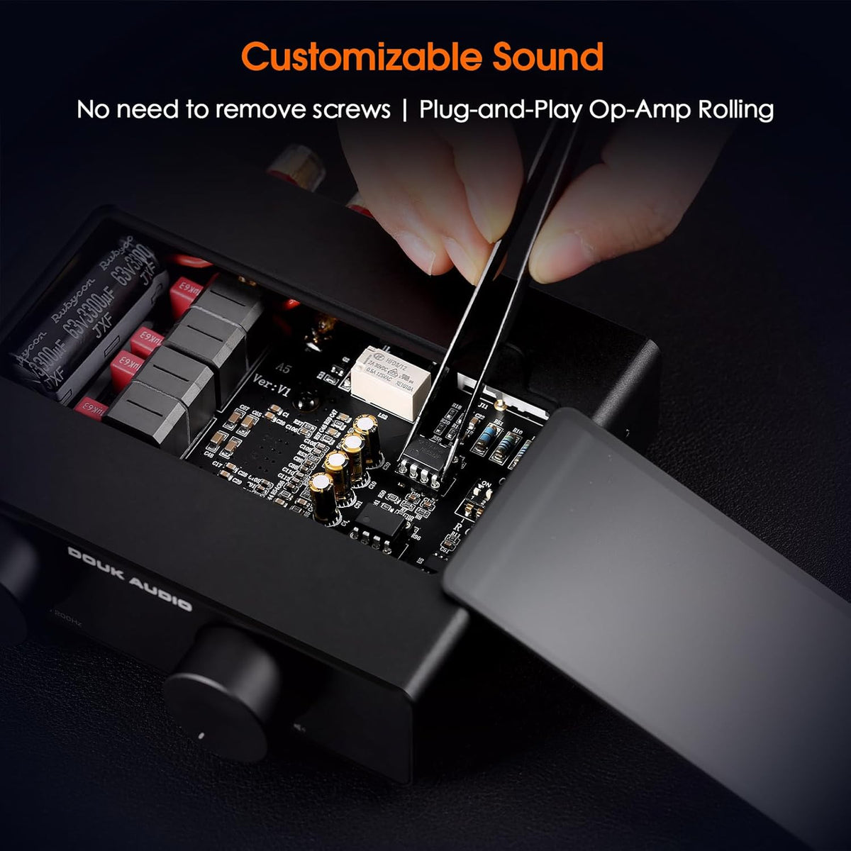 Douk Audio A5 2 Channel TPA3255 Stereo Amp, 300 Watts x2 Mini Hi-Fi Audio Power Amplifier Class D for Home Theater System, Passive Bookshelf Tower Speakers with High-Pass Filter + 48V Power Supply