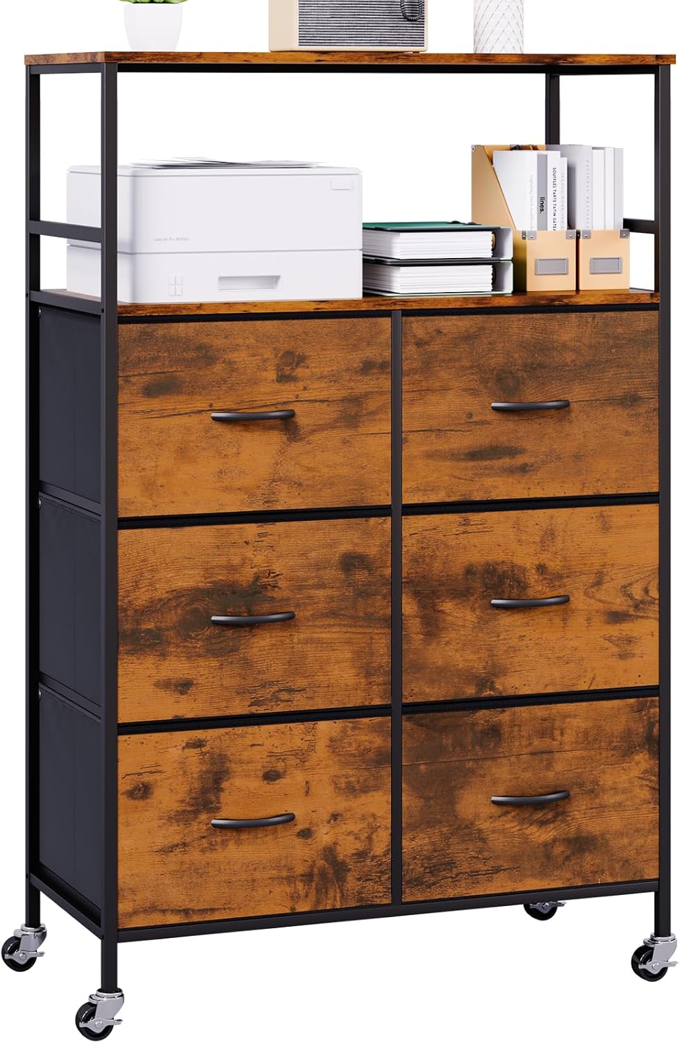 DreamDashio 51" H Tall Mobile File Cabinet, Rolling Printer Stand with 6 Drawers, Adjustable Hanging Rails for A4/Letter/Legal Files, Fabric Vertical Filing Cabinet for Home Office, Rustic Brown