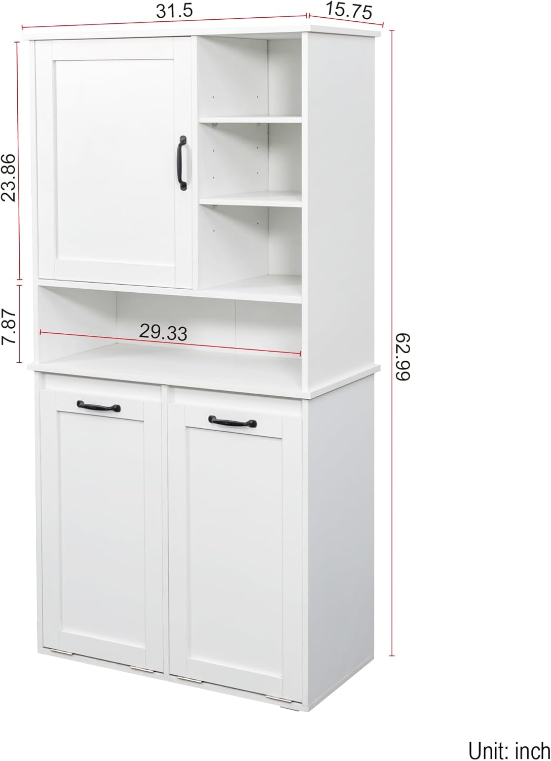 63" White Laundry Cabinet w/Dual Tilt-Out Hampers - 4 Open + 2 Adjustable Shelves, Freestanding Bathroom Organizer, 31.5 x 15.7 x 63 Inch
