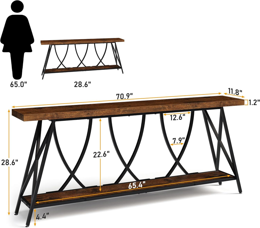 JUSTOGO 70.9" Narrow Console Table for Entryway, Industrial Long Sofa Table Behind Couch, Farmhouse Hallway Table with Storage for Living Room, Entrance, Foyer, Rustic Brown
