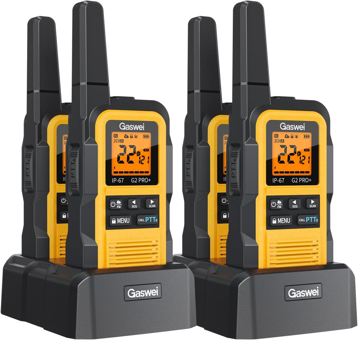 Gaswei G2Pro+ Heavy-Duty Walkie Talkies IP67 Waterproof Two-Way Radios with NOAA Weather Alert & Floating | 2-Watt Long Range for Job Sites, Hunting | Dual PTT, FM Radio, SOS, VOX（4pack）