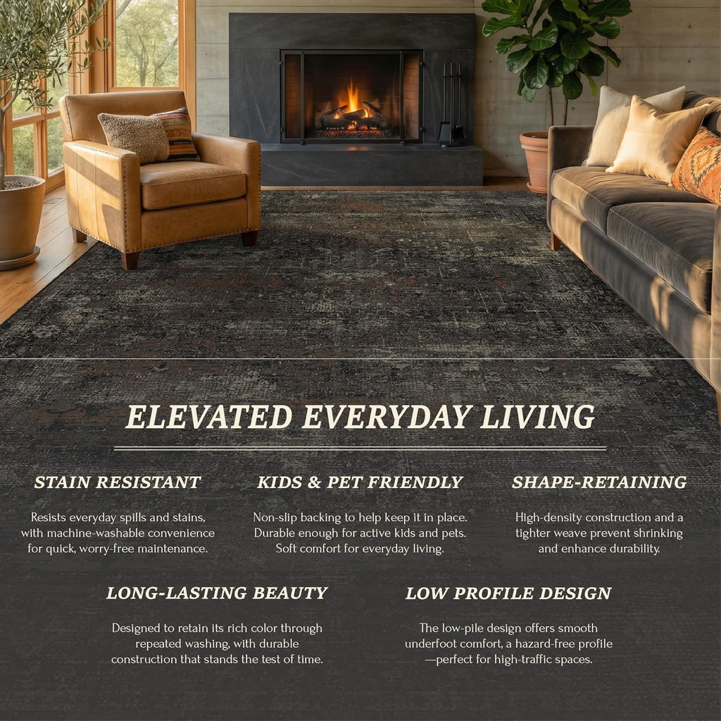 TALANOVA Black Farmhouse Washable 8x10 Area Rugs for Living Room, Dark Charcoal Volcanic Textured Large Rug for Bedroom, Non-Slip Stain Resistant for Dining Room Office Décor
