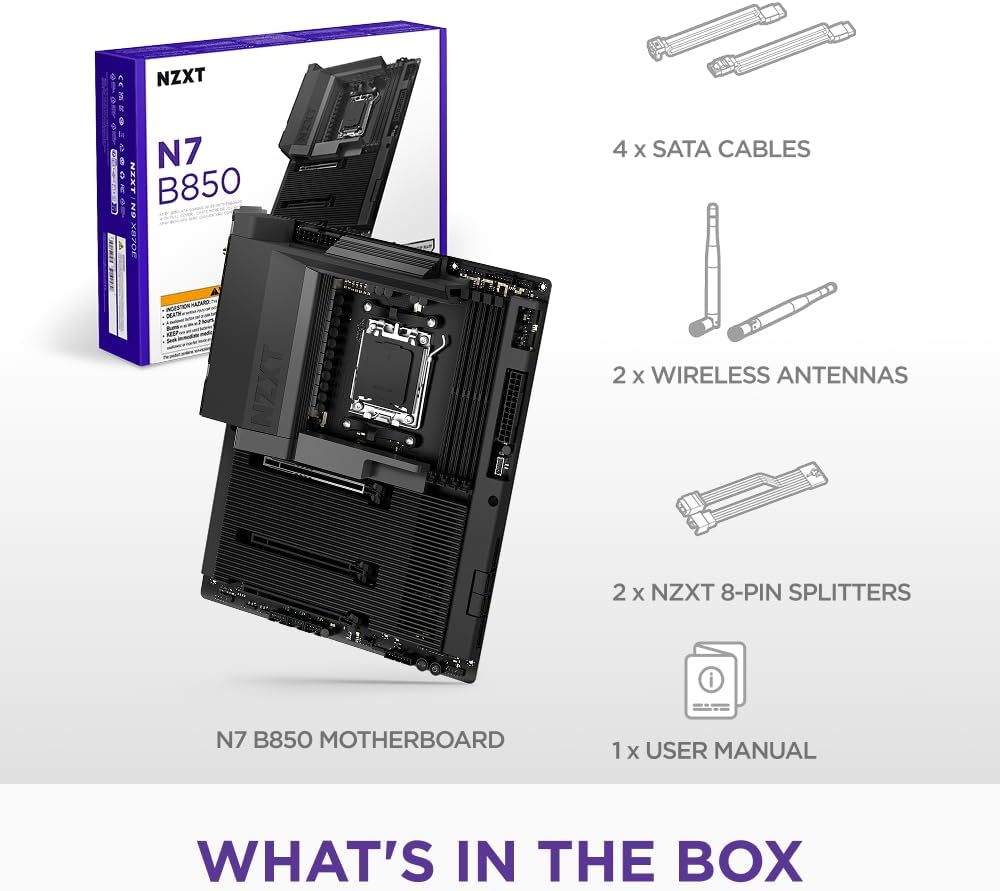 NZXT N7 B850 - AMD B850 AM5 ATX Gaming Motherboard for Ryzen 9000/8000/7000-16+2+1, DDR5, 3X M.2, PCIe 5.0, Wi-Fi 6E, 2.5GbE LAN - M.2 NVME with Quick-Release Latch - Full Cover - Black