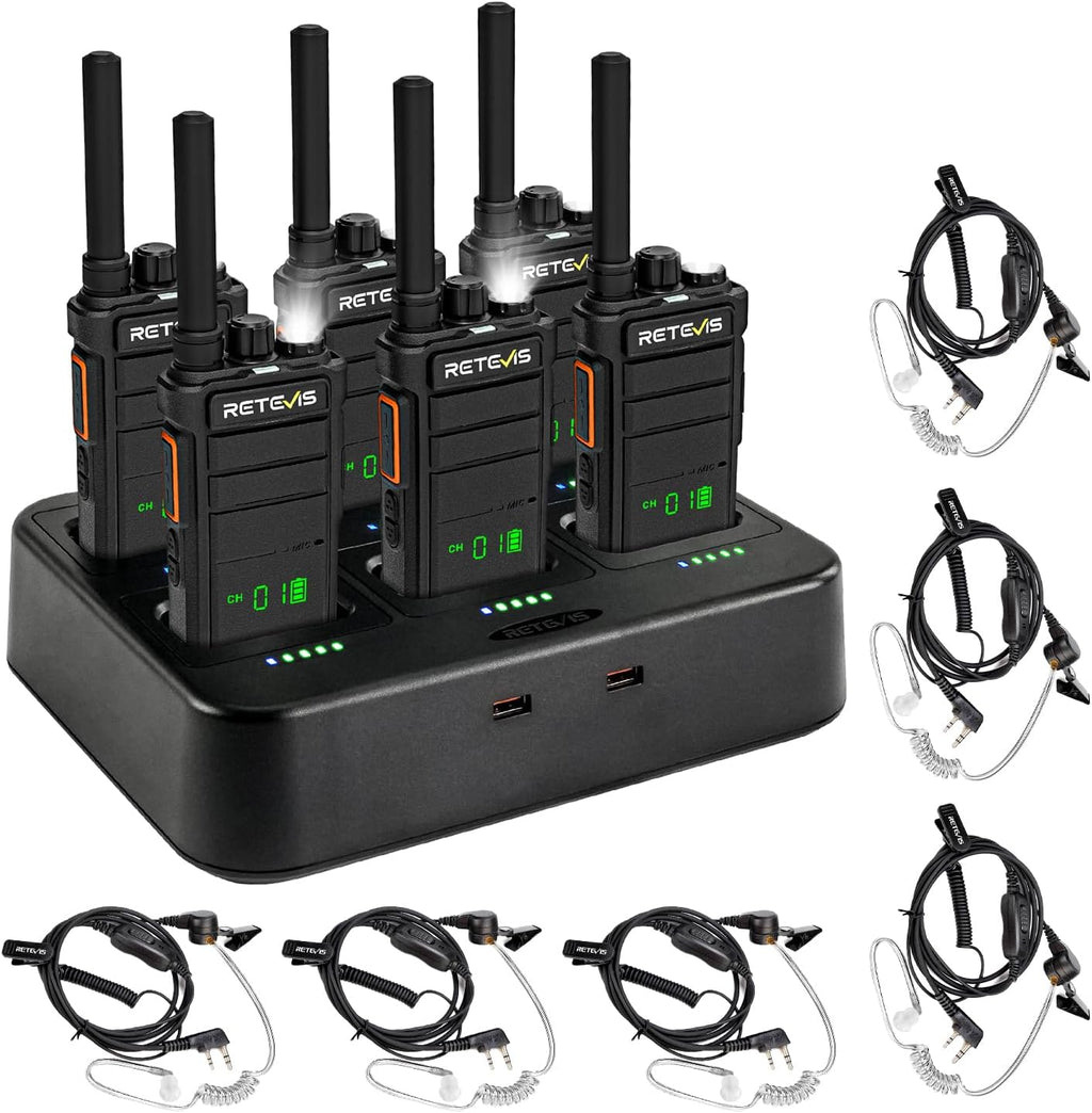Retevis RB26H Walkie Talkies Long Range with Earpiece,2 Way Radio with 6 Way Charger,Hidden Display,21-Hours,NOAA,GMRS Repeater Capable,Professional Walkie-Talkie for Adults Security Warehouse(6 Pack)