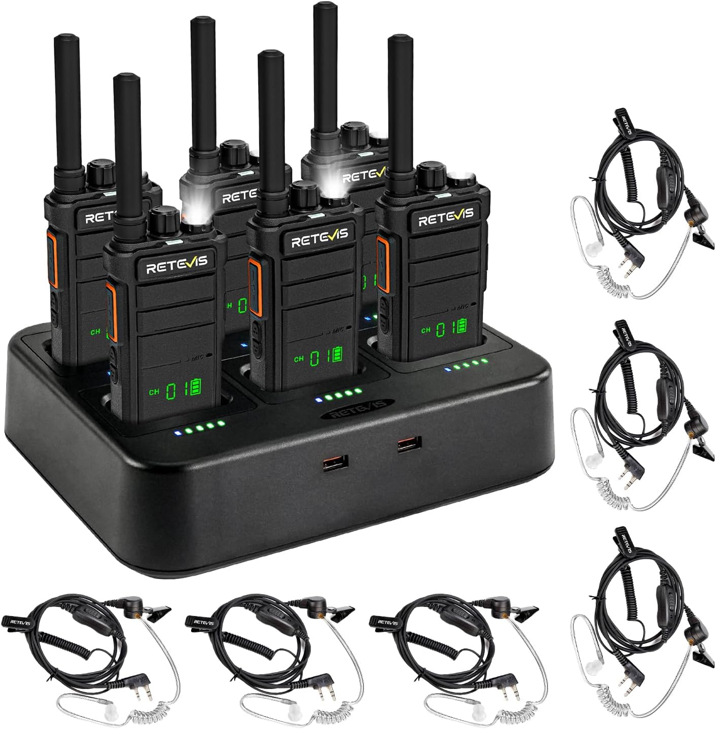 Retevis RB26H Walkie Talkies Long Range with Earpiece,2 Way Radio with 6 Way Charger,Hidden Display,21-Hours,NOAA,GMRS Repeater Capable,Professional Walkie-Talkie for Adults Security Warehouse(6 Pack)