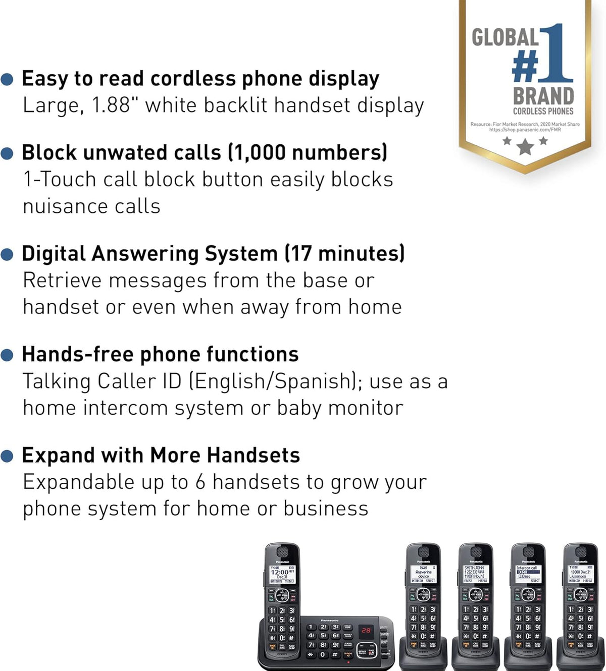 Panasonic DECT 6.0 Expandable System, Cordless Phones With Answering Machine and Call Blocking - 5 Cordless Phones 5 Handsets - KX-TGE645M (Metallic Black)