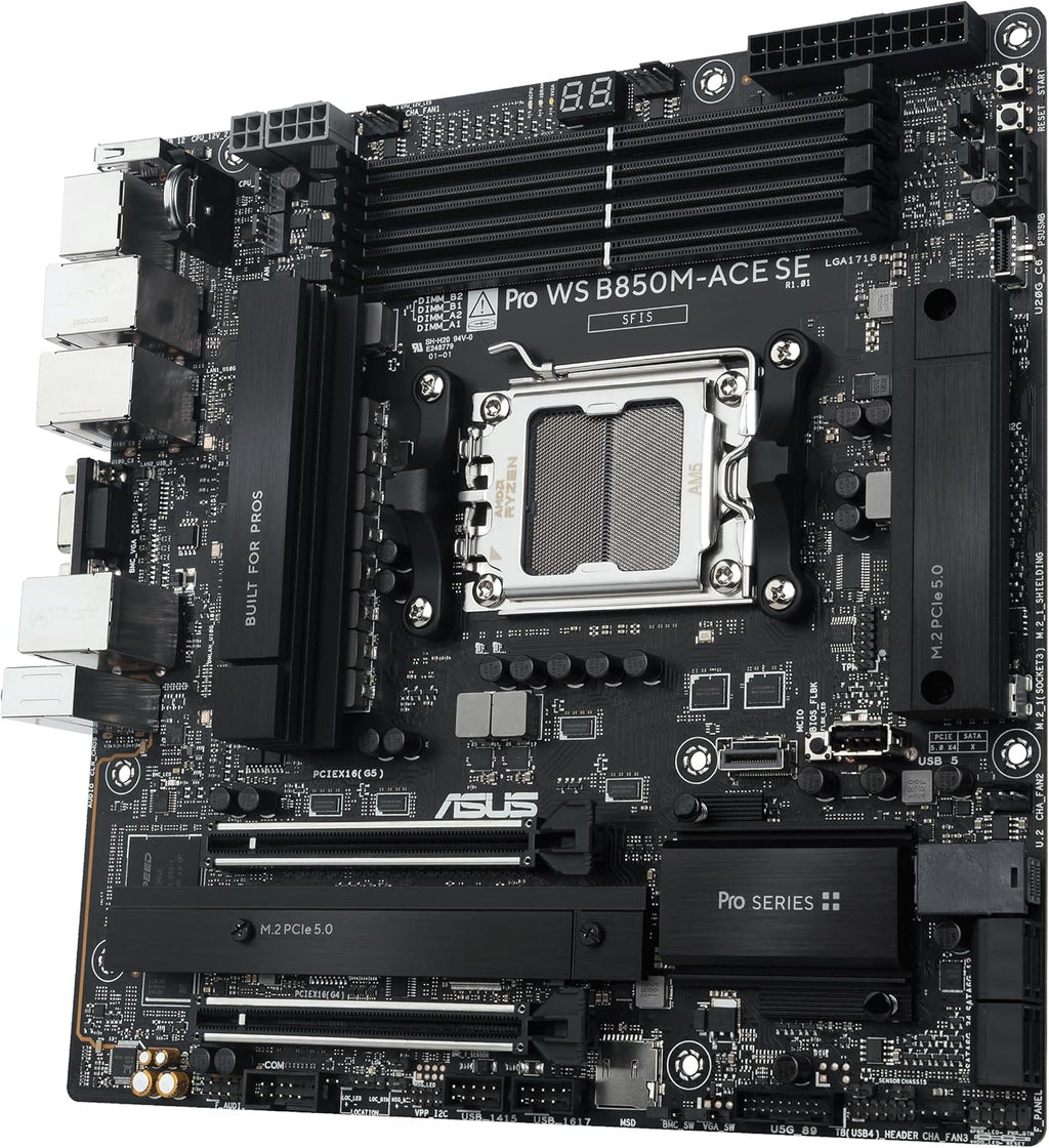 ASUS Pro WS B850M-ACE SE AMD AM5 B850 mATX MicroATX Business motherboard, PCIe 5.0 x 16, DDR5, 2x PCIe 5.0 M.2, PCIe 5.0 MCIO, U.2, 10G & 2.5G LAN, USB4®, ASUS Control Center Express Remote Management
