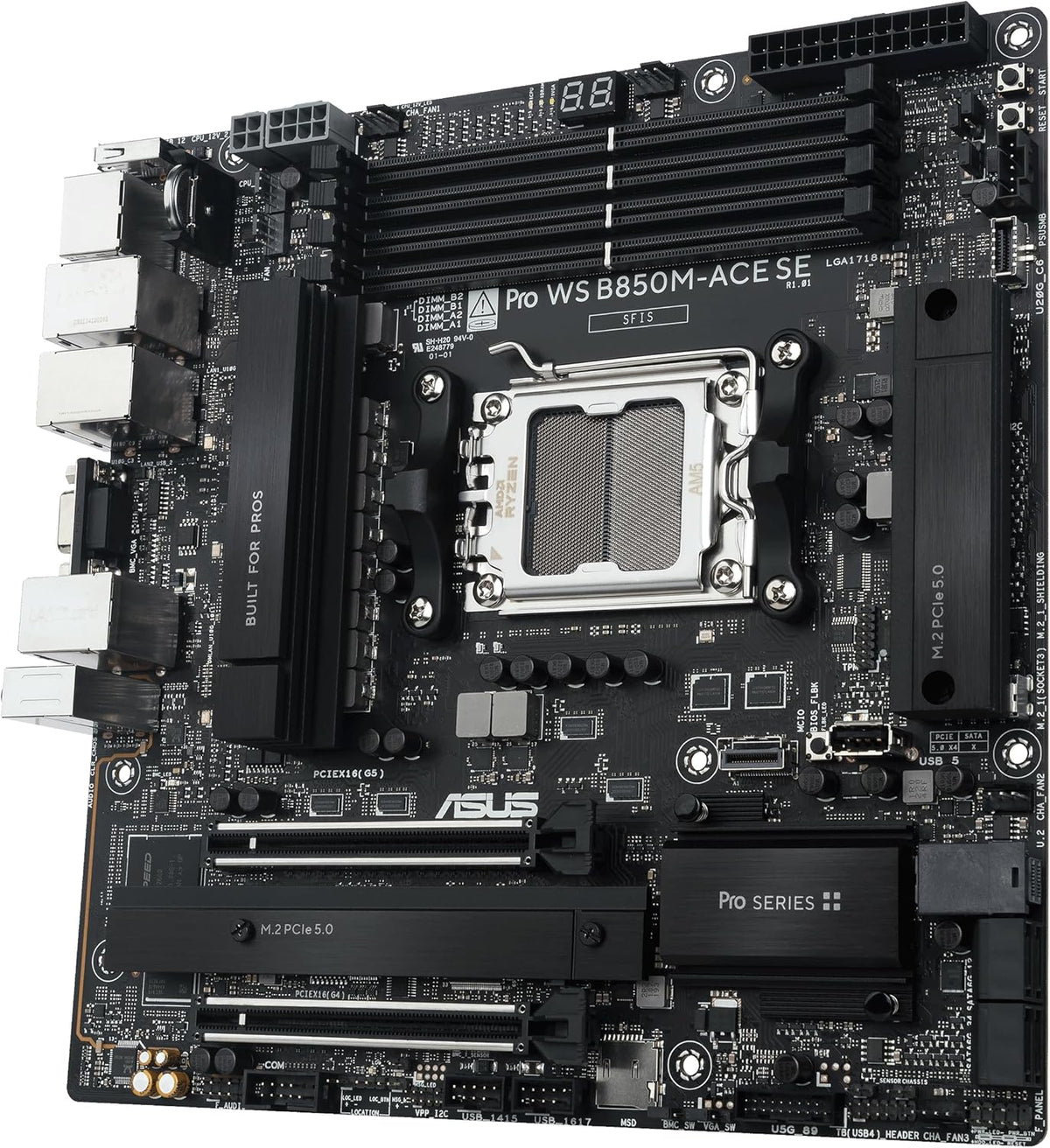 ASUS Pro WS B850M-ACE SE AMD AM5 B850 mATX MicroATX Business motherboard, PCIe 5.0 x 16, DDR5, 2x PCIe 5.0 M.2, PCIe 5.0 MCIO, U.2, 10G & 2.5G LAN, USB4®, ASUS Control Center Express Remote Management