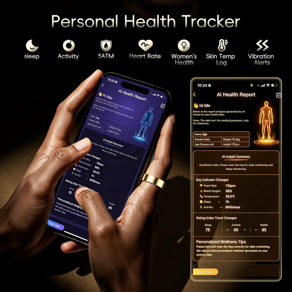 RQZ Smart Ring for Women Men, Fitness Tracker with Heart Rate Tracking, Sleep Tracking, Step Counter, Vibration Alert, 5ATM Waterproof, iOS Android Compatible, Gold Size 9