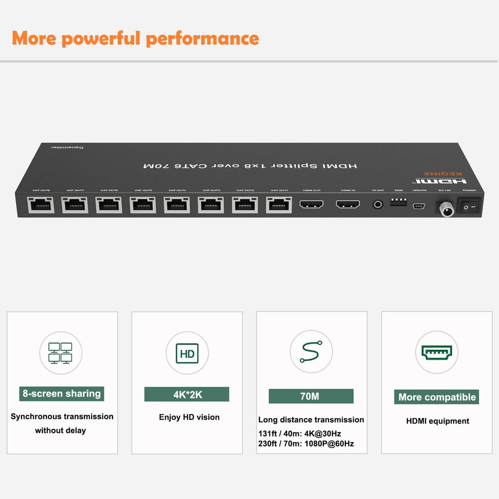 4K 1x8 HDMI Extender Splitter 70m/230ft HDMI Over Ethernet Splitter POC Satellite TV Splitters