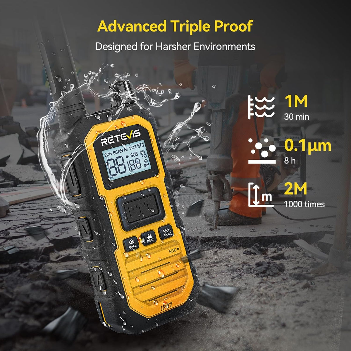 Retevis RB48 Plus IP67 Waterproof Heavy Duty Long Range Walkie Talkies, GMRS Radio, Construction Jobsite Two Way Radio, NOAA, Shock Resistant, Dual PTT, Emergency, Vibration Reminder(4 Pack)