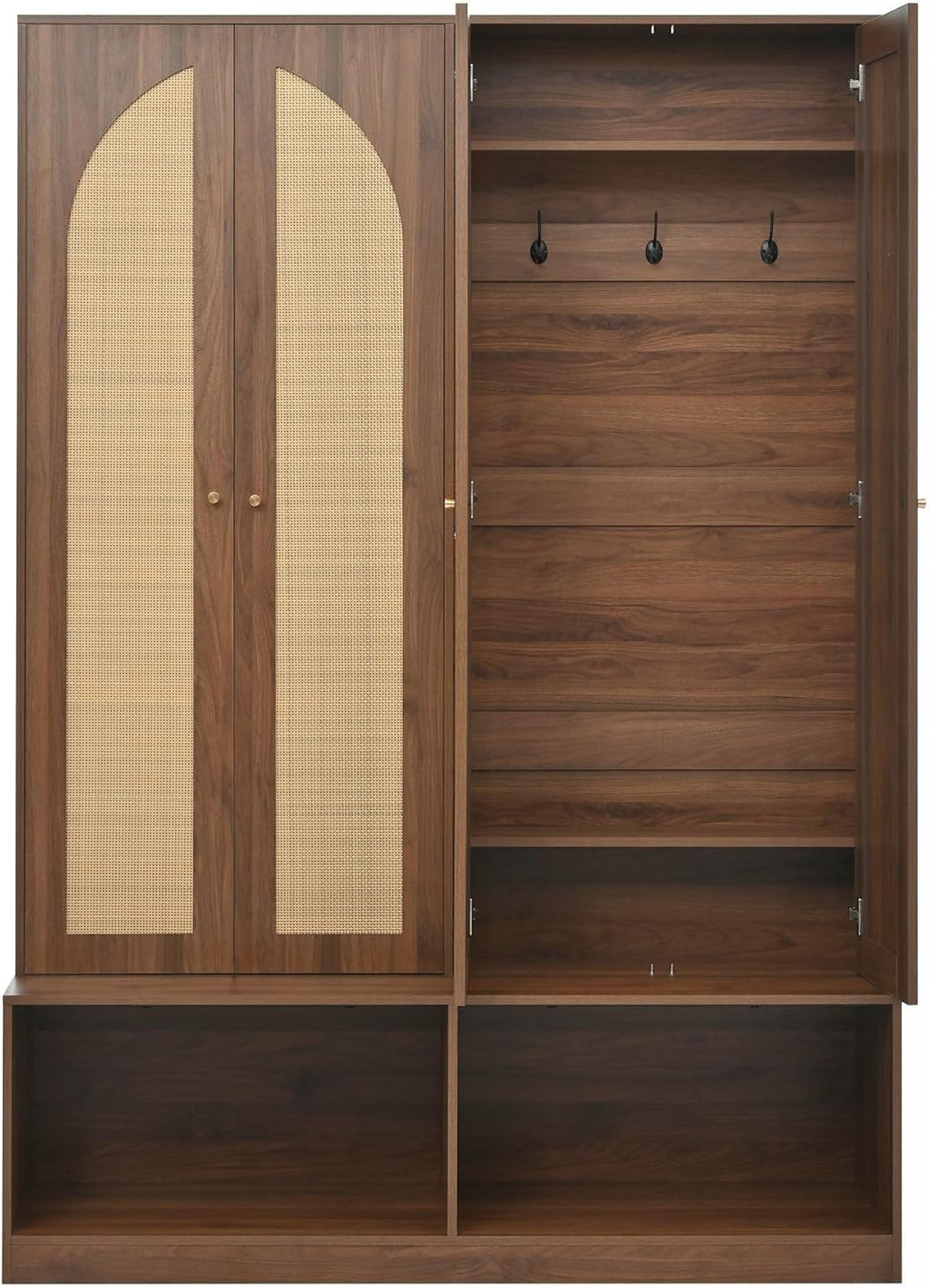 LUMISOL Wide Entryway Hall Tree with Storage Bench and 4 Rattan Doors, 78.7”H Farmhouse Entryway Coat Rack with 6 Hidden Hooks, 4-in-1 Mudroom Organizer with Adjustable Shelf, for Living Room, Walnut