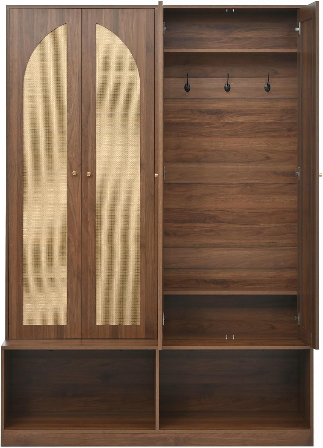 LUMISOL Wide Entryway Hall Tree with Storage Bench and 4 Rattan Doors, 78.7”H Farmhouse Entryway Coat Rack with 6 Hidden Hooks, 4-in-1 Mudroom Organizer with Adjustable Shelf, for Living Room, Walnut
