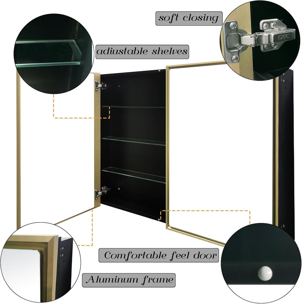 Medicine Cabinet, 36"x32" Aluminum Framed Double Door Bathroom Mirror Cabinet, Surface or Recessed Mount, Vanity Mirror with Storage, Soft Close Hinges, Detachable Glass Shelves for Bathroom