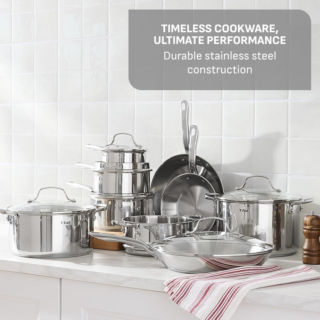 T-fal Gourmet 15-Piece Stainless Steel Cookware Set, Pots and Pans Cooking Set, Dishwasher Safe, Oven Safe to 500°F, Induction Compatible, Stock Pot, Sauce, Saute, Frying Pans, Silver