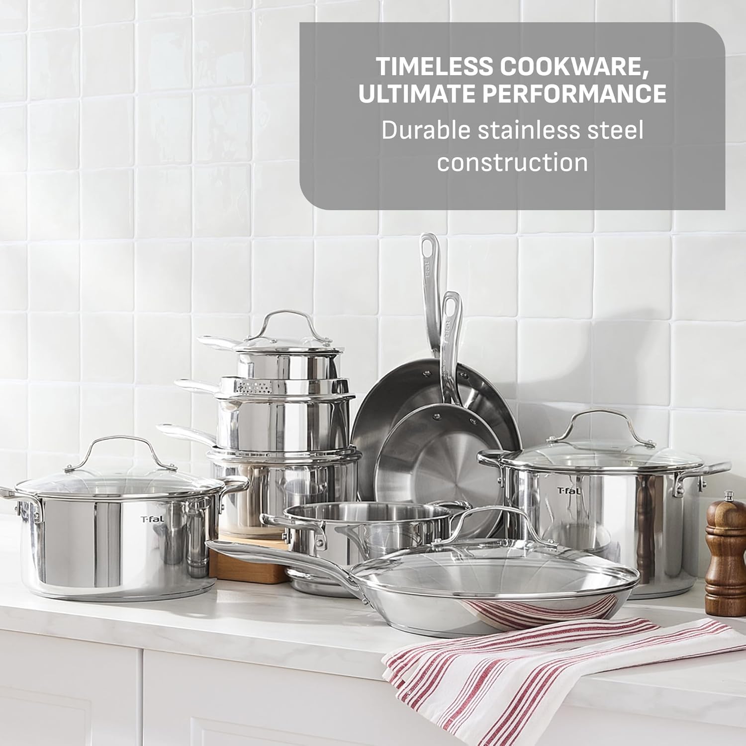 T-fal Gourmet 15-Piece Stainless Steel Cookware Set, Pots and Pans Cooking Set, Dishwasher Safe, Oven Safe to 500°F, Induction Compatible, Stock Pot, Sauce, Saute, Frying Pans, Silver