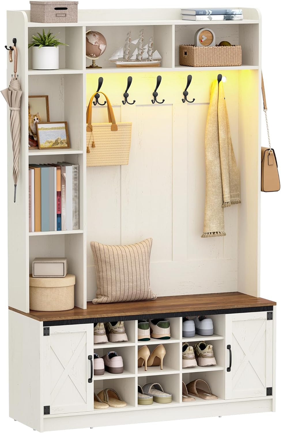 Hzuaneri 47.2" Hall Tree, LED Farmhouse Entryway Storage and Coat Rack Wood, Entryway Furniture with 7 Hooks, Hall Tree with Bench and Storage, 6 Storages Partitions Shoe Bench, Rustic White HT24514X
