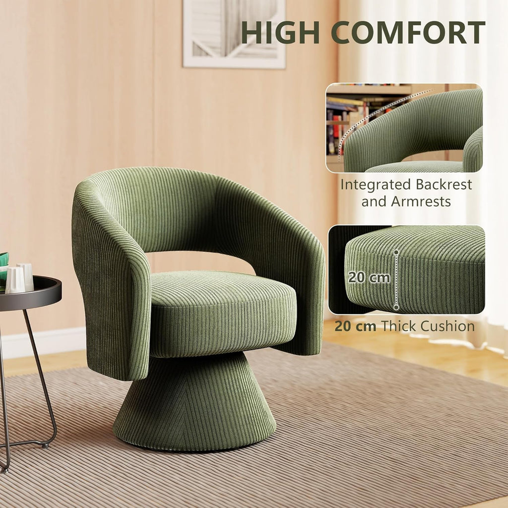 HOMCOM 360° Swivel Accent Chair, Corduroy Upholstered Barrel Chair, Modern Armchair with Thick Padding for Living Room, Bedroom, Reading Room, Green