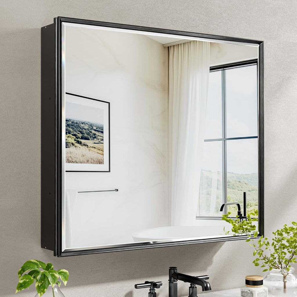 30x26 Pre-Assembled Black Medicine Cabinet with Mirror, Surface or Recessed Medicine Cabinet Mirror for Bathroom, Aluminum Beveled Frame Bathroom Vanity Mirror with Adjustable Shelves Storage