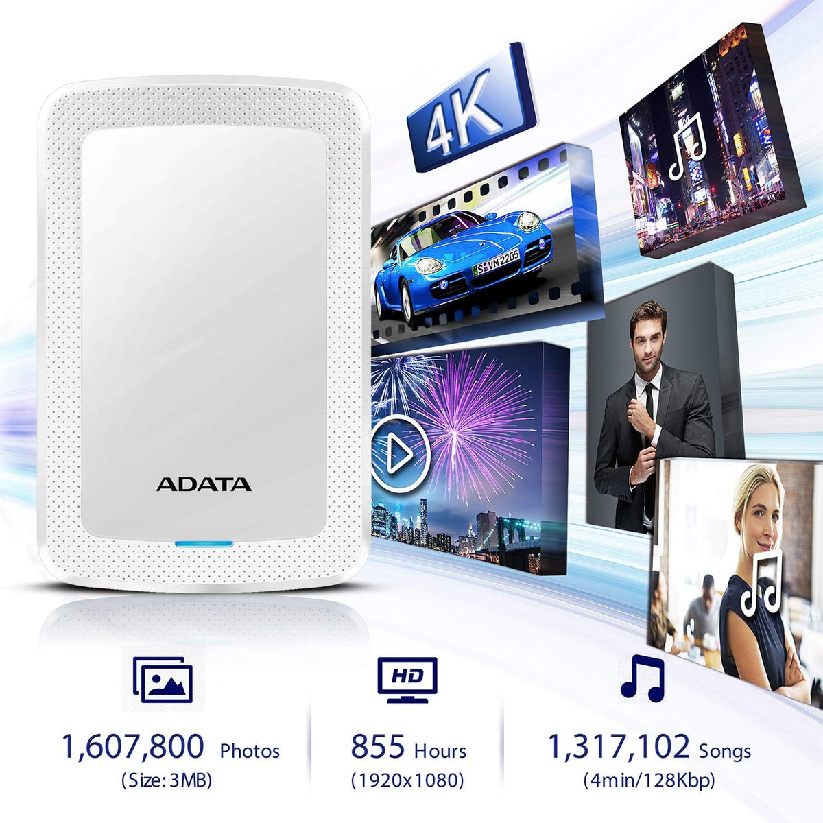 ADATA Hard Drive - 1 TB - External (Portable) - USB 3.1-256-bit AES - White