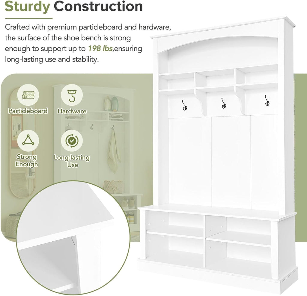 Hall Tree with Bench Shoe Storage Entryway Coat Rack 47.2'' Wide Multi-Functional 3 Hanging Hooks Open Space Rectangle Shelves Farmhouse Boho Furniture Organizer Hallway