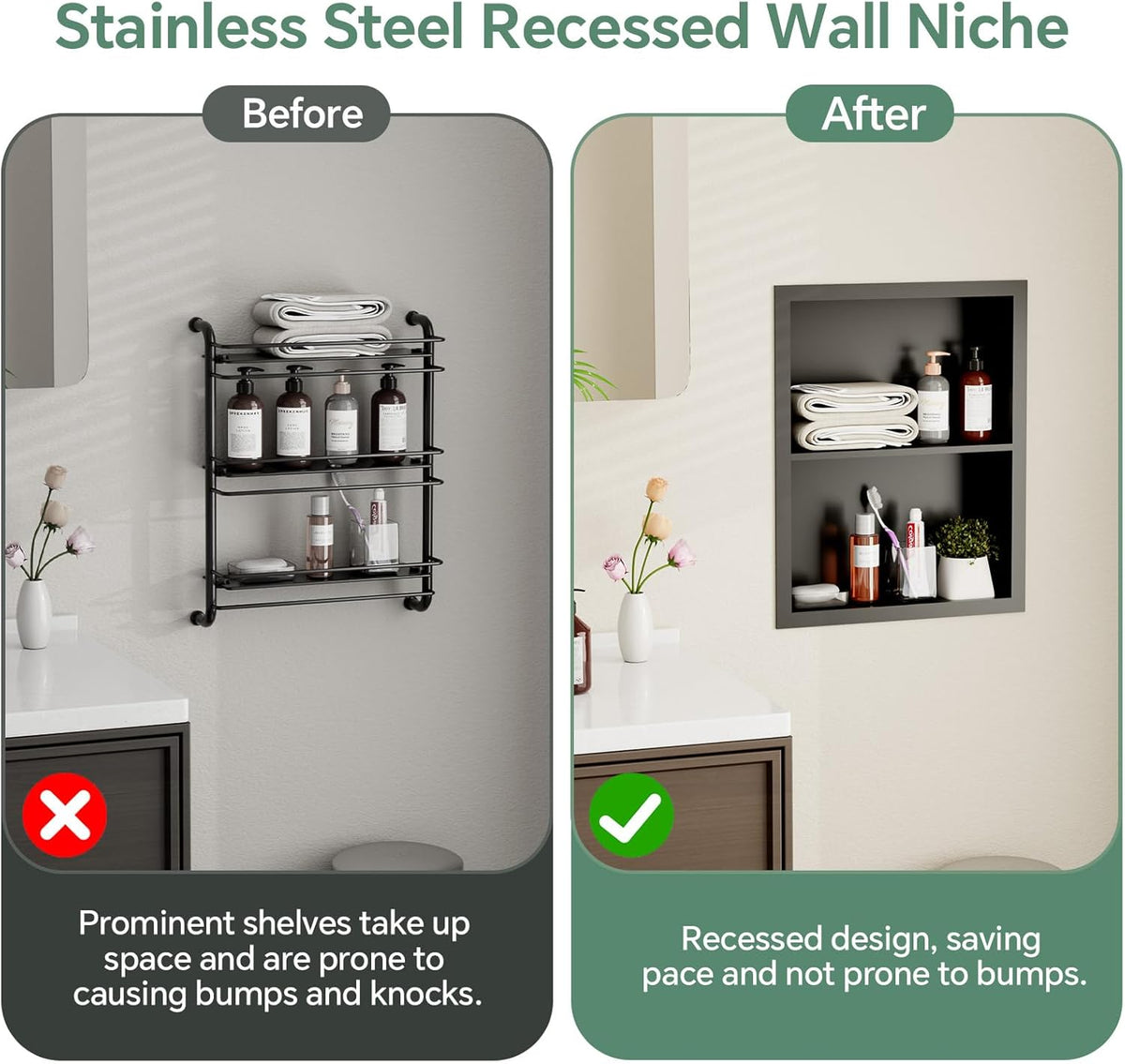Stainless Steel Recessed Medicine Cabinet 14''*18'', Rust-Proof Metal Wall Niche, in Wall Shower Niche Shelf Insert Replacement, Recessed Medicine Cabinets for Drywall, Bathroom Storage, Black