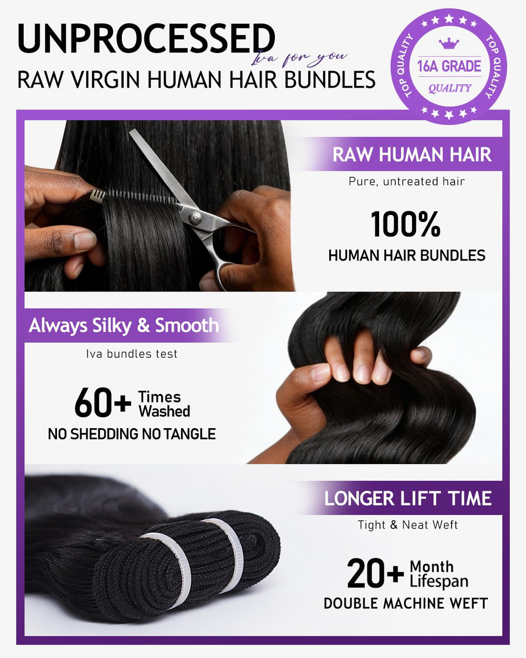 IVA 16A Body Wave Bundles Human Hair, 100% Raw Human Hair Bundles 20 22 24 Inch, Triple Lifespan, No Tangle No Shedding, Repeated Washes Maintain Silky Texture