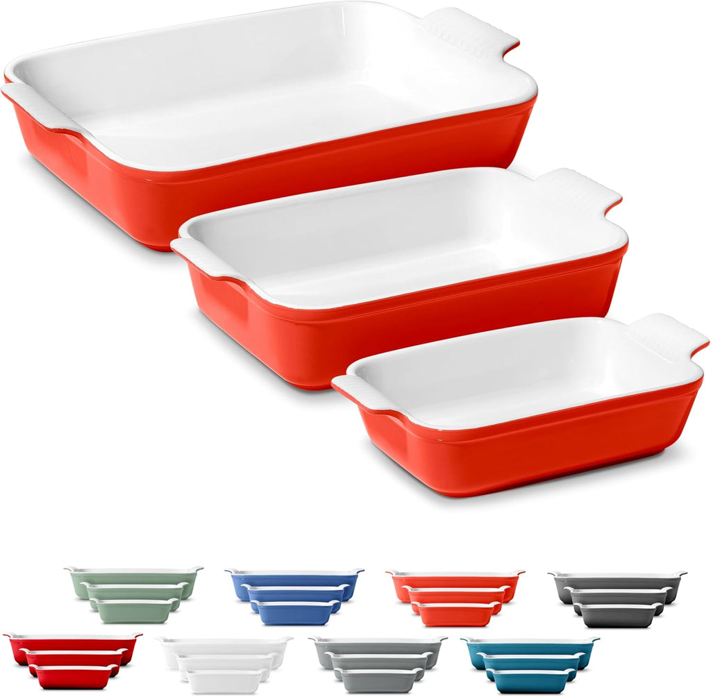 ROSSALLINI Stoneware Casserole Dish Bakeware Set of 3 | Rectangular Dinnerware Set with Handles Passion Red