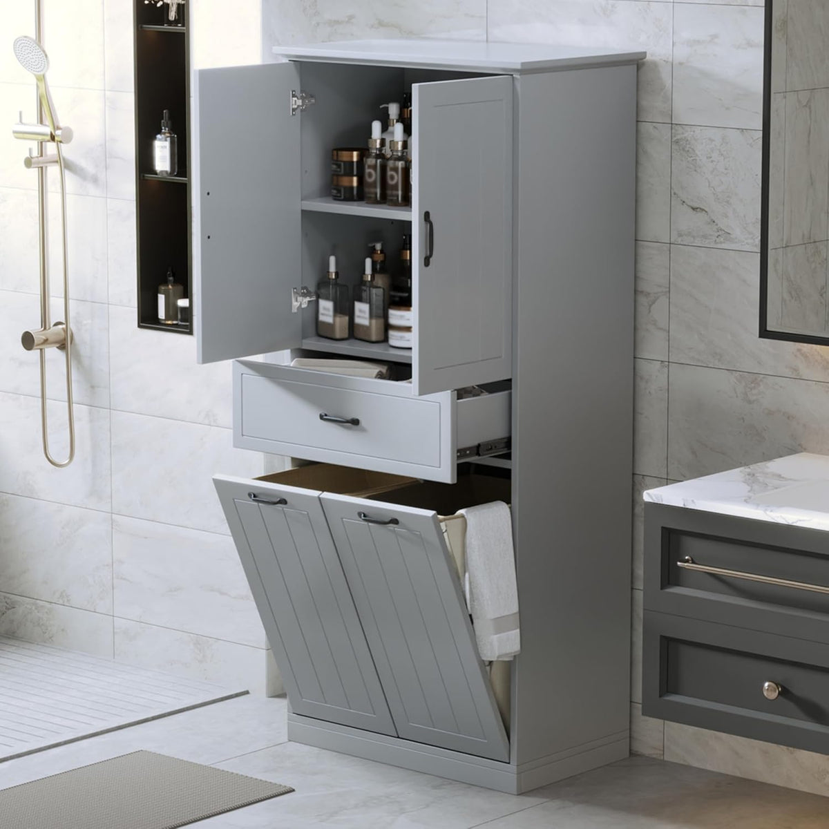 Merax Cabinet with 2 Tilt-Out Laundry Hamper Baskets, Modern Tall Bathroom Storage Organizer Linen with Drawers and Doors for Home, Freestanding, Grey