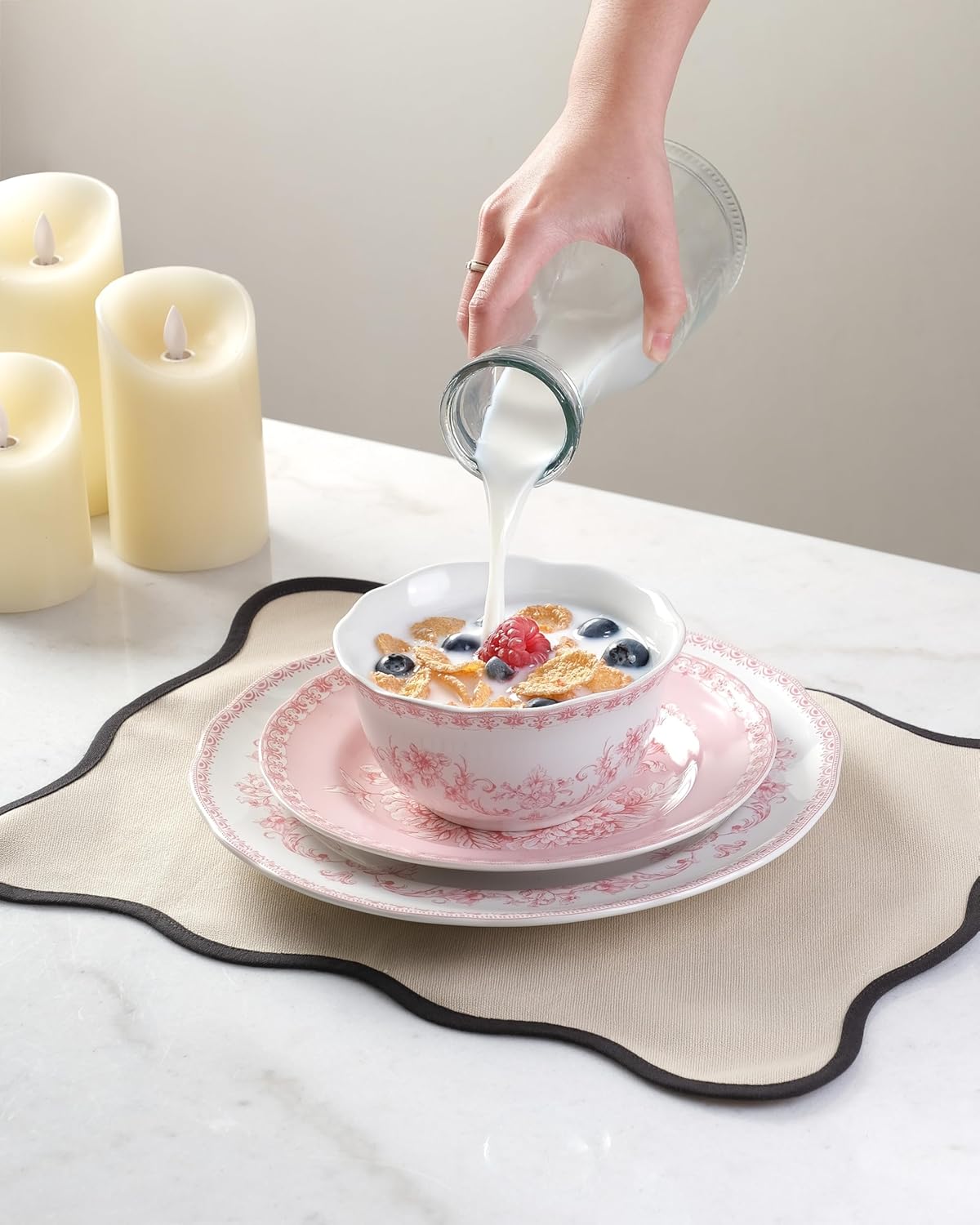 222 Fifth Genevieve 12-Piece Pink Porcelain Dinnerware Set | Microwave and Dishwasher Safe Big Dinner Plates and Bowls Sets for 4 | Chip-Resistant Blush Ceramic | Gifts for Housewarming & Wedding
