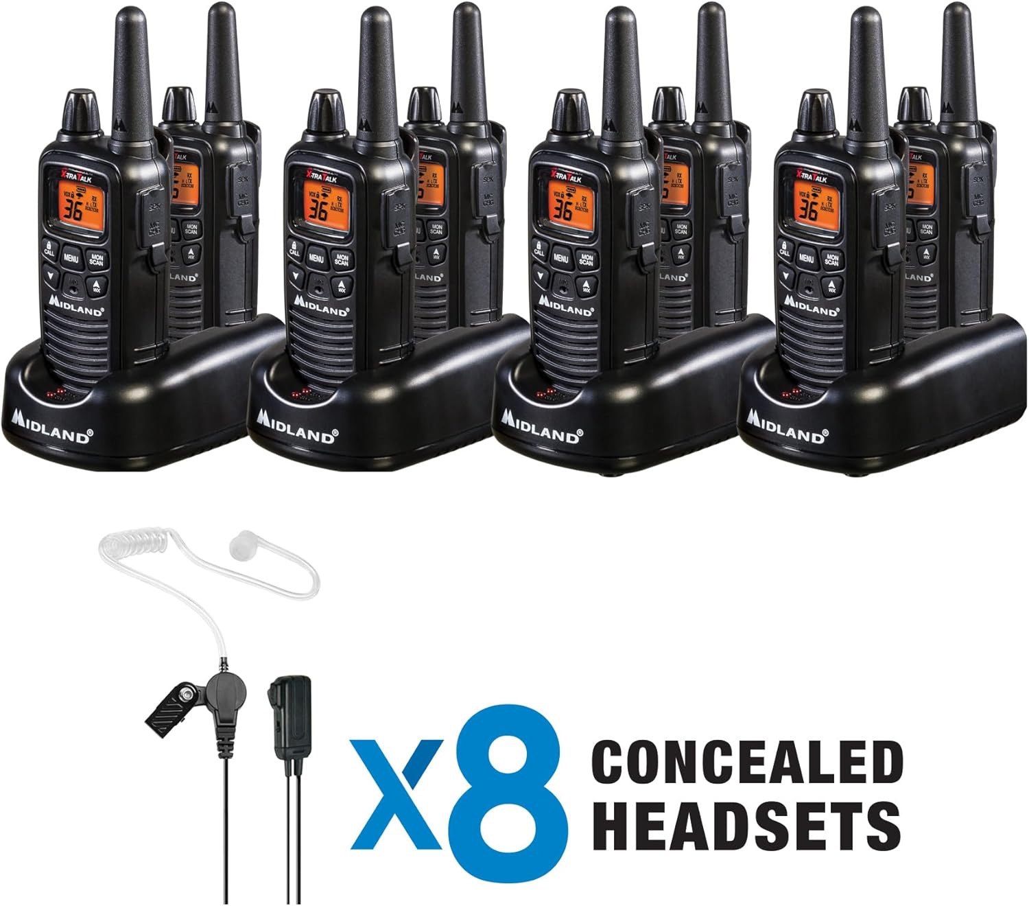 Midland LXT600BBX4 FRS Business Walkie Talkies - Long Range 36-Channel Two-Way Radios with Headsets and Charging Base, NOAA Weather Alerts (8-Pack, Black)