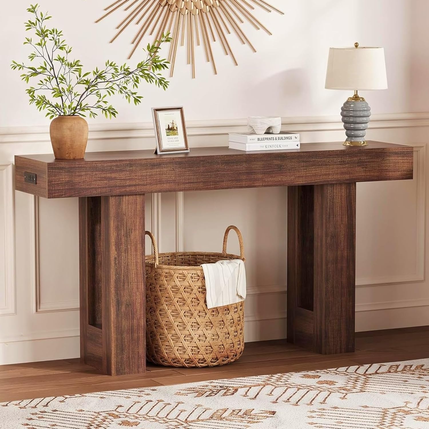 IDEALHOUSE 63" Entryway Table, Wood Console Table with Charging Station, Extra Long Sofa Table, Narrow Hallway Foyer Table for Entryway, Hallway, Living Room, Rustic Brown