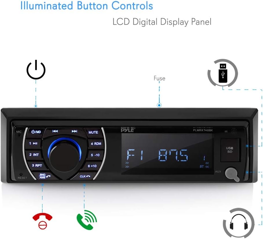 Pyle Marine Head Unit Receiver Speaker Kit - In-Dash LCD Digital Stereo Built-in Bluetooth & Microphone w/ AM FM Radio System 6.5'' Waterproof Speakers (4) MP3/SD Readers & Remote Control -PLMRKT48BK