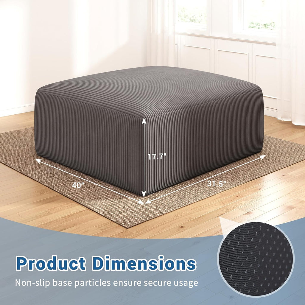 40" Oversized Square Corduroy Ottoman Pouf - Poofy Soft Foot Rest with Foam Chunk Filling, Movable Large Ottoman Pouf Footstool for Living Room Sofa Couch Bedroom, Grey(1 Piece)
