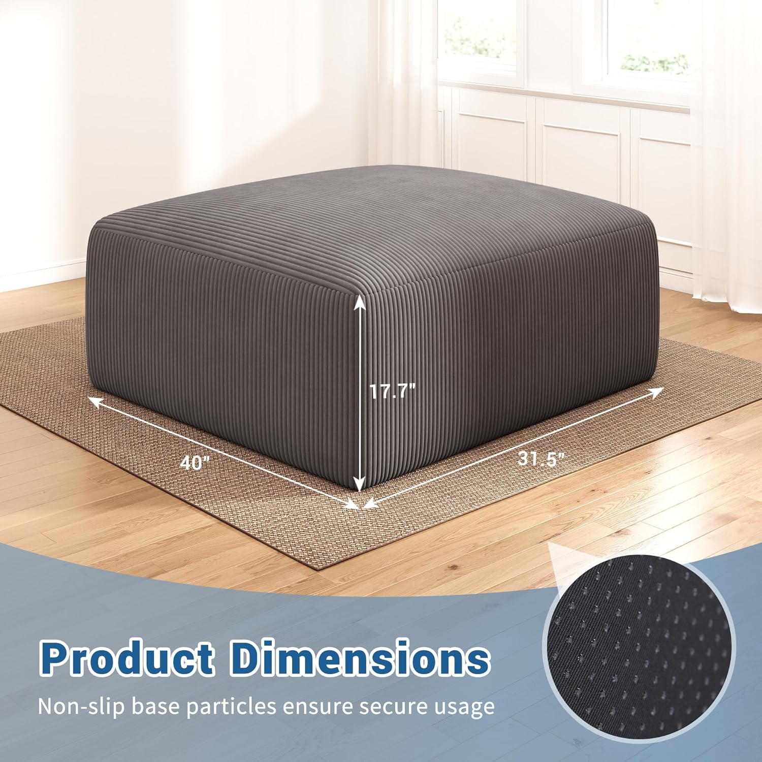 40" Oversized Square Corduroy Ottoman Pouf - Poofy Soft Foot Rest with Foam Chunk Filling, Movable Large Ottoman Pouf Footstool for Living Room Sofa Couch Bedroom, Grey(1 Piece)
