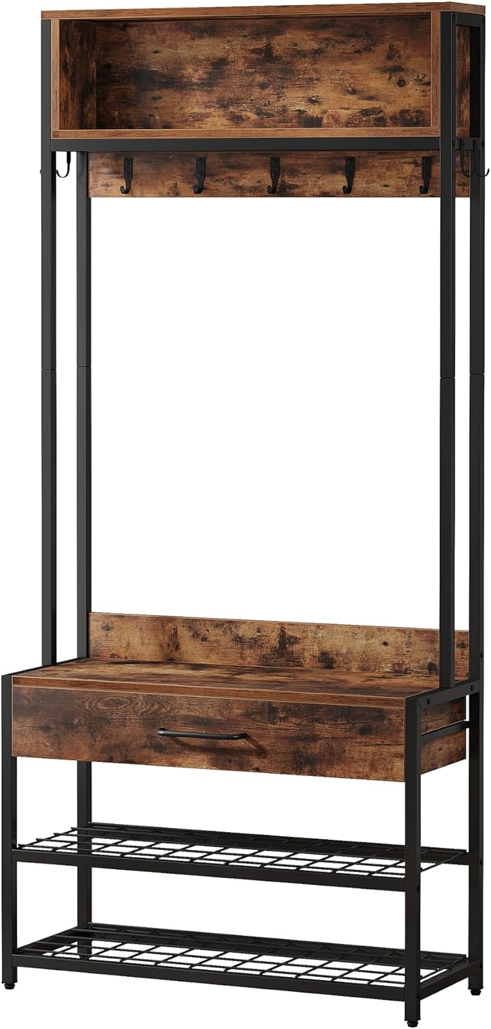 Tribesigns 3-in-1 Entryway Hall Tree with Drawer, Vintage Industrial Coat Rack with Shoe Bench and Hutch, Mudroom Bench with Shoe Storage Rack and 9 Hooks for Living Room Bedroom (Brown)